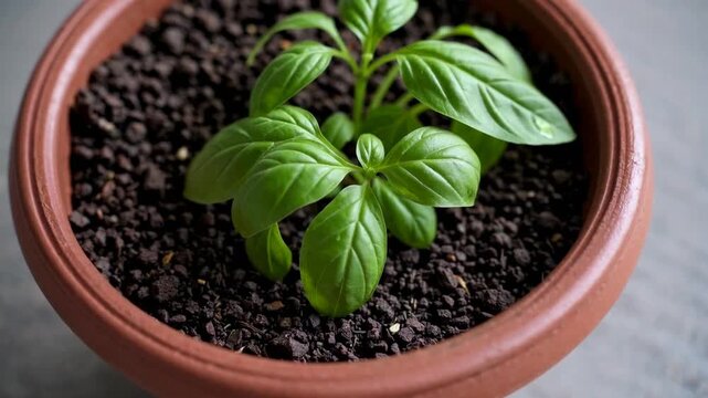 Fresh and Green Basil Plant Growing in Pot for Culinary and Gardening Purposes
