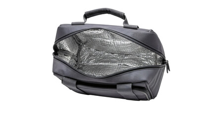 Naklejka premium Gray insulated lunch bag on white background perfect for picnics or work meal, cooler