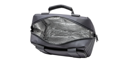 Gray insulated lunch bag on white background perfect for picnics or work meal, cooler