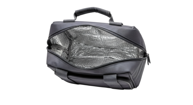 Gray insulated lunch bag on white background perfect for picnics or work meal, cooler