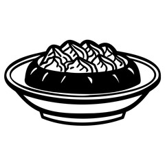 Black and white illustration of bowl with noodles or pasta