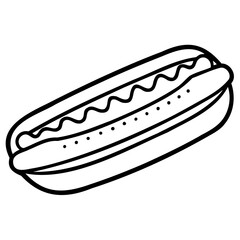 Simple black and white line drawing of a hot dog in bun
