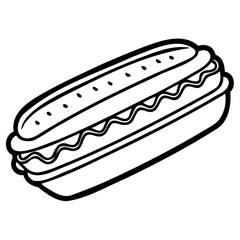 Simple black and white line drawing of hot dog in bun
