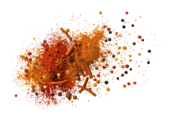  a colorful pattern of various spices and herbs arranged in small bowls, creating an exotic background for cooking or menu design. a panoramic view with a top-down perspective showcasing the diversity