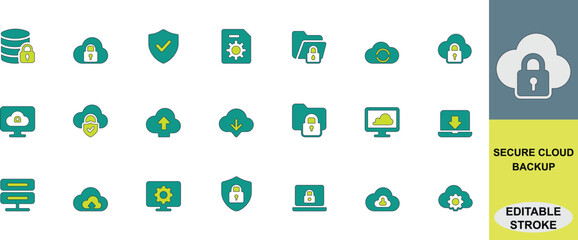 Secure cloud backup icon set designed for data storage, encryption, and online protection. Ideal for projects related to privacy, recovery, hosting, and digital technology.