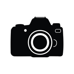 Monochrome representation of a digital singlelens reflex camera isolated on white, dslr camera silhouette vector illustration