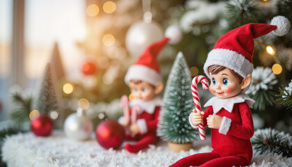 Christmas elves holding candy canes by decorated Christmas tree  