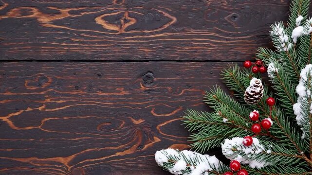 Winter Holiday Corner Border with Evergreen Branches Red Berries and Pine Cones on Dark Wood