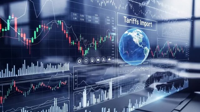 Financial analysis interface with stock charts, global trade data, and tariffs information display
