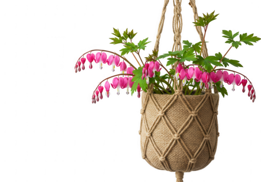 Delicate pink bleeding heart flowers bloom in a rustic jute macrame hanging planter isolated on transparent background