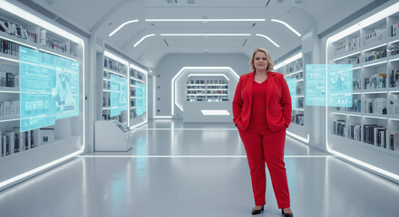 Obraz premium Businesswoman standing confidently in a modern futuristic office 
