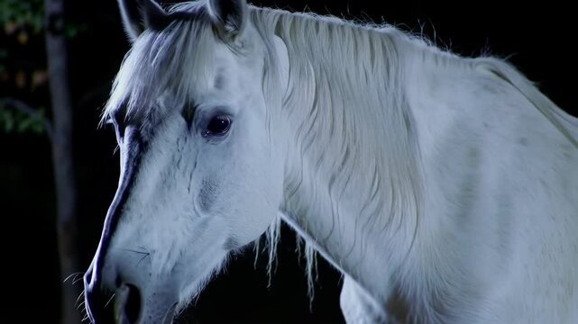 White horse portrait, night forest, film, equine - Powered by Adobe
