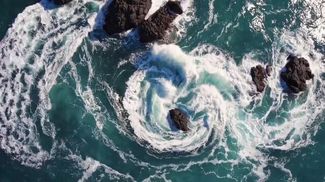 aerial view of large turquoise waves creating vortex as the rough ocean crashes onto rocks
