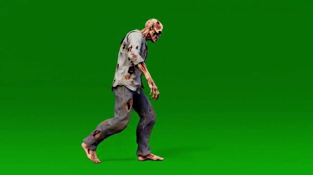 A scary zombie walking slowly with creepy movement, isolated on green screen.