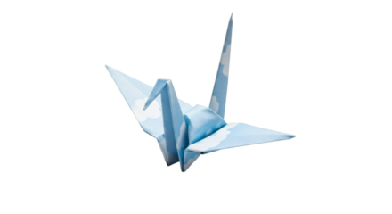 Delicate origami crane, blue sky pattern, symbolising peace and tranquility on white background casting soft shadows
