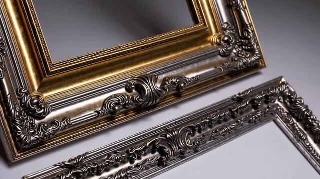 extensive assortment of antique picture frames crafted from silver and gold toned wood, objects featuring isolated clipping paths
