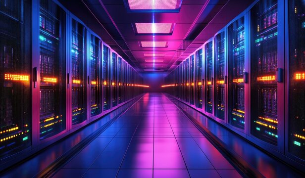 Futuristic server rack hallway lit by vibrant neon lights