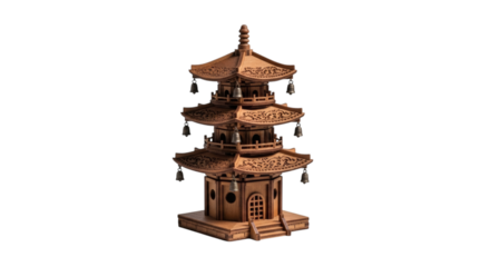 Intricate wooden pagoda structure with hanging bells, standing elegantly against a clean white background showcases cultural detail.