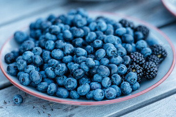 A close-up of fresh blueberries and a few blackberries served on a plate, highlighting their natural texture and vibrant blue color