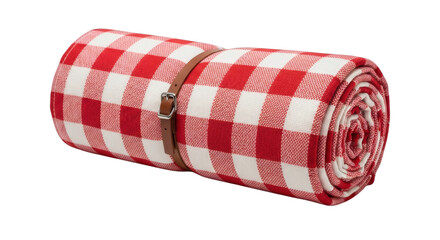 Rolled red checkered picnic blanket tied elegantly awaiting outdoor adventures and summer leisure activities