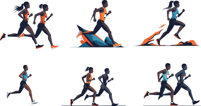 Dynamic running athletes vector illustration showing diverse male and female runners training, exercising, racing, and competing in sports marathon activity