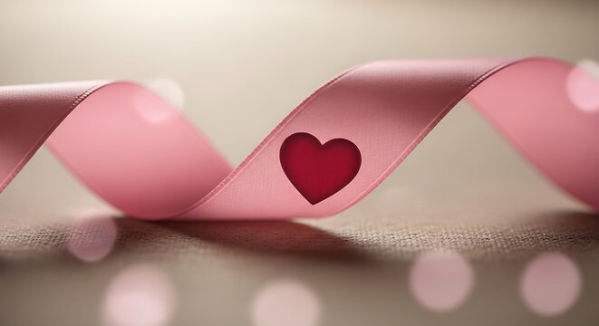 Delicate pink ribbon with a red heart