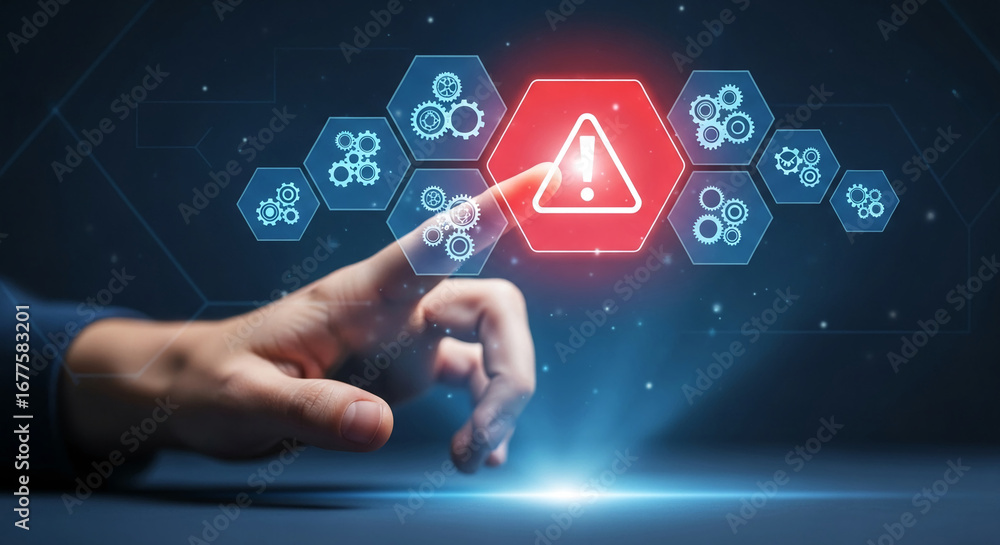 Poster hand interacting with digital interface, highlighting red alert symbol surrounded by gears, symboliz