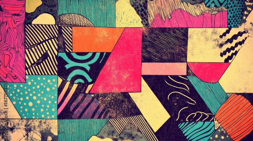 Poster vibrant geometric collage: abstract composition with bold colors and textured patterns