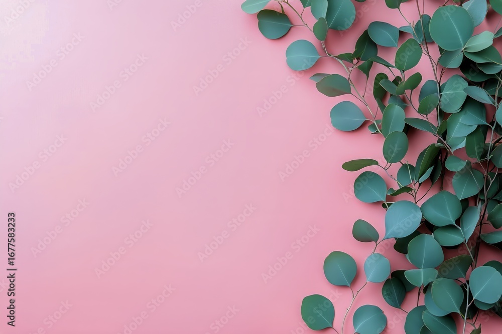 Poster eucalyptus leaves arranged on a soft pink background creating a calm and fresh atmosphere.