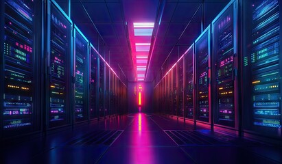 Futuristic server room bathed in vibrant neon light