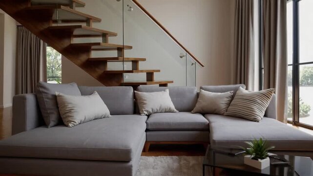 Comfortable Living Space Featuring Staircase and Contemporary Sofa Furniture