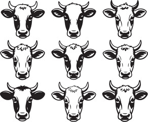 stylized cow head vector art set 3x3 grid black and white farm animal geometric illustration pattern for branding design