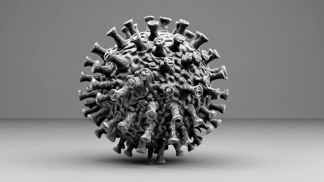 detailed microscopic 3D digital visualization and model of virus particle showcasing its intricate surface structures, texture, and unique shape