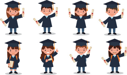 Happy kids celebrating graduation ceremony with diplomas, caps, and gowns, education success, school achievement, and academic accomplishment vector illustration.