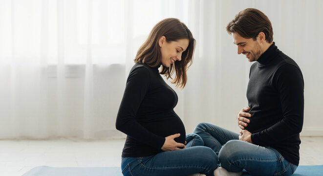 Pregnant couple sitting cross-legged with hands on belly at home. Prenatal bonding and partnership support during pregnancy for family lifestyle content