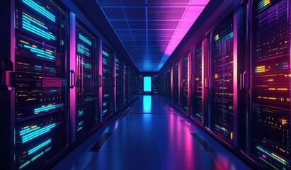 Fototapeta premium Futuristic server rack aisle with vibrant neon