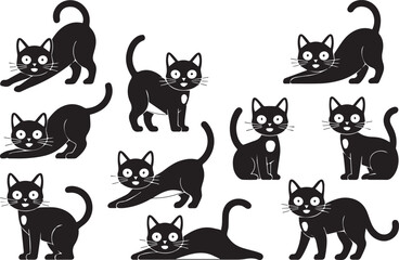 cats collection vector pack depicting nine playful black cat illustrations in different poses for pet design projects