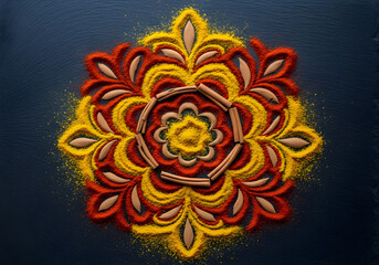 Vibrant floral mandala art crafted from colorful spices and natural elements, creating a stunning visual masterpiece for cultural decor and festive celebrations.