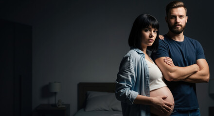 Pregnant woman with partner in denim and blue touching belly studio portrait. Casual maternity session for prenatal care services and pregnancy documentation