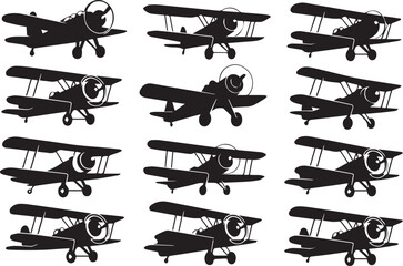 set of 12 biplane vector silhouettes vintage design files ai eps jpeg png for retro aviation graphics collection