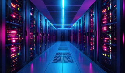 Neon-lit server rack hallway