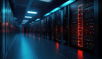 Server racks in a dark, futuristic server room (1)