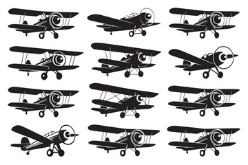 vintage aircraft biplane icon silhouette pack vector ai eps jpeg png 12 variants for aviation design illustration © AIcon Star