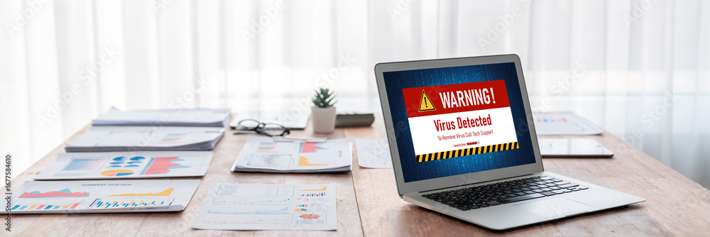 Poster virus warning alert on computer screen detected brisk cyber threat , hacker, computer virus and malw