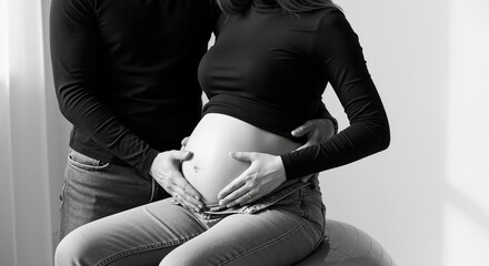 Pregnant woman with partner in black and white touching belly monochrome portrait. Artistic maternity session for prenatal care and pregnancy documentation services