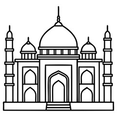 Black and white line drawing of a classic mosque architecture