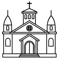 Black and white line drawing of a church with three towers and cross