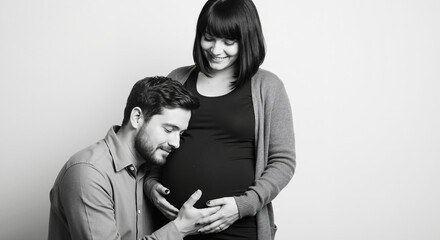 Pregnant woman with partner listening to belly with stethoscope in monochrome portrait. Medical maternity concept for prenatal healthcare service marketing