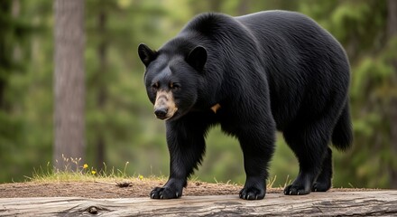 Obraz premium A majestic black bear walks across a wooden platform in a forest setting.