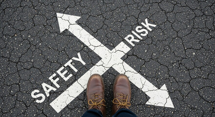 Brown boots stand at asphalt crossroads, marked "Safety" and "Risk" arrows, symbolizing a critical decision, choice, or challenge